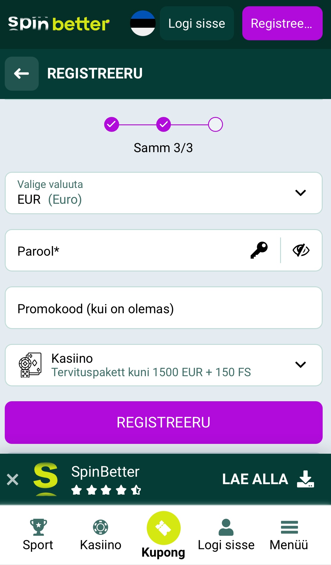SpinBetter kasiinos registreerumine 3