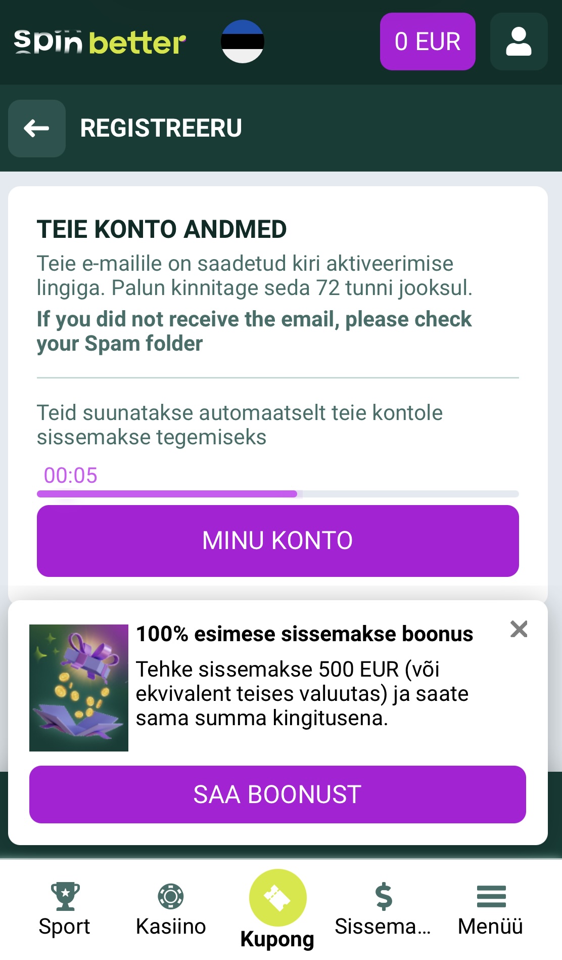 SpinBetter kasiinos registreerumine 4
