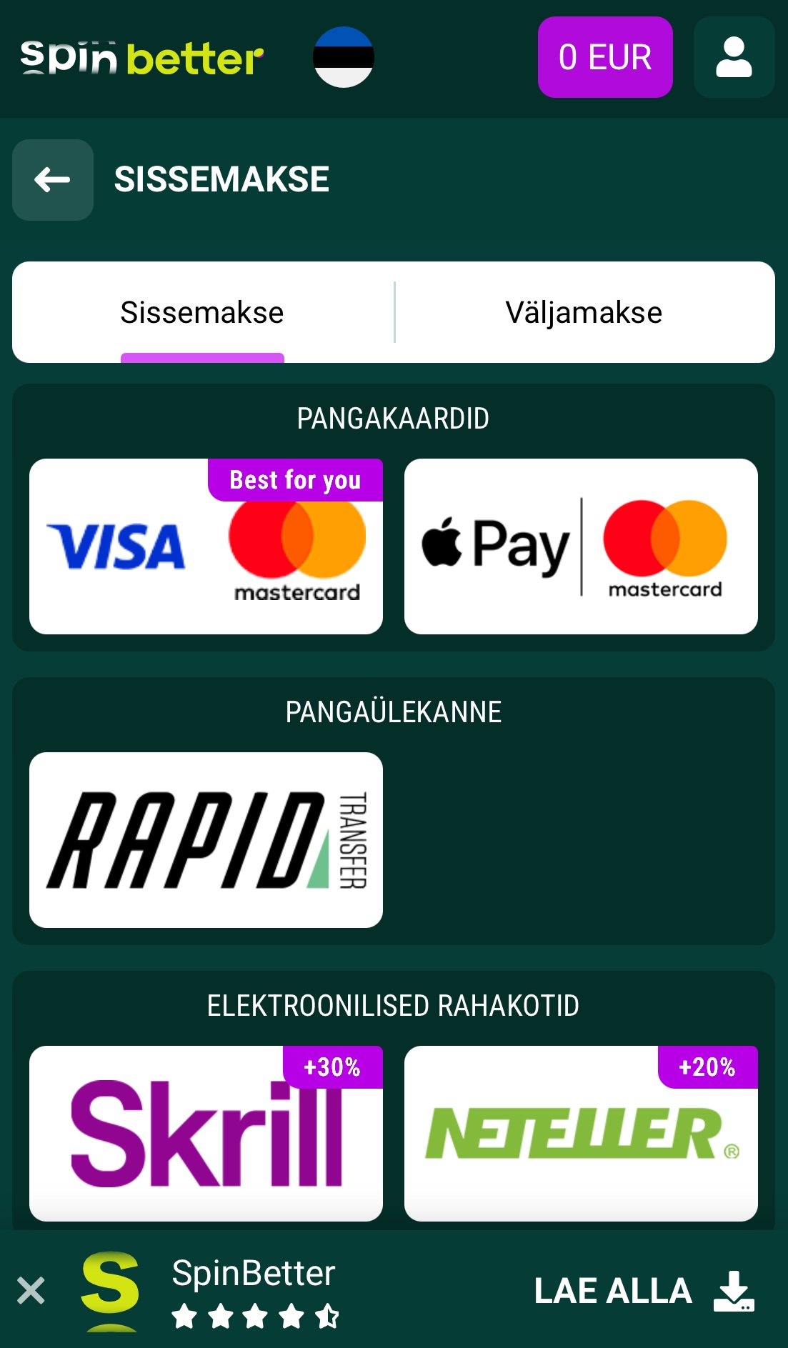 SpinBetter kasiinos registreerumine 5